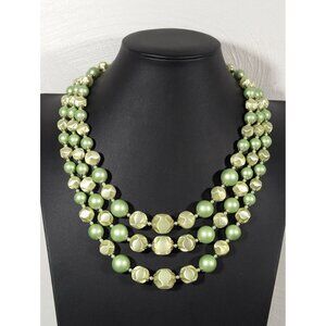 Vintage Japan Green Pearlized Lucite Triple Strand Bib Necklace 21"